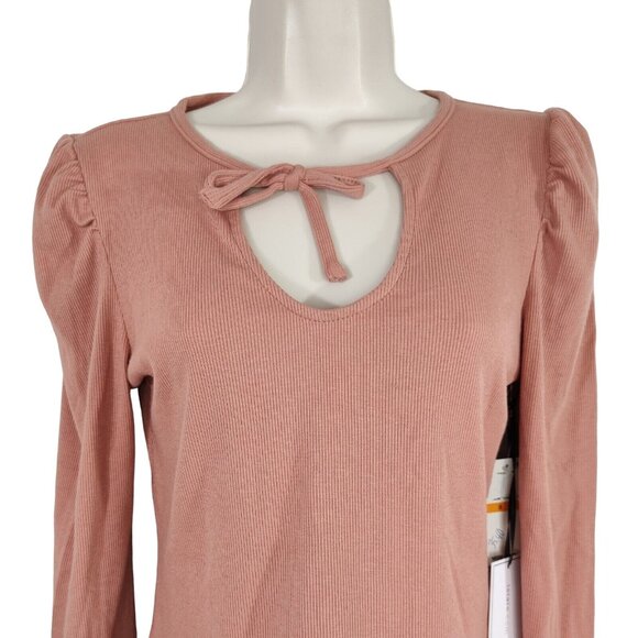 1. State Ribbed Tie Neckline Knit Top Women Size S Pink Long Sleeve NEW - Picture 2 of 7